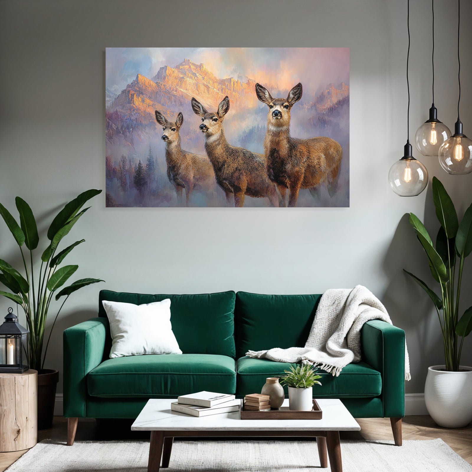 Drei Rehe In Einer Berglandschaft Mit Farbenfrohem Himmel