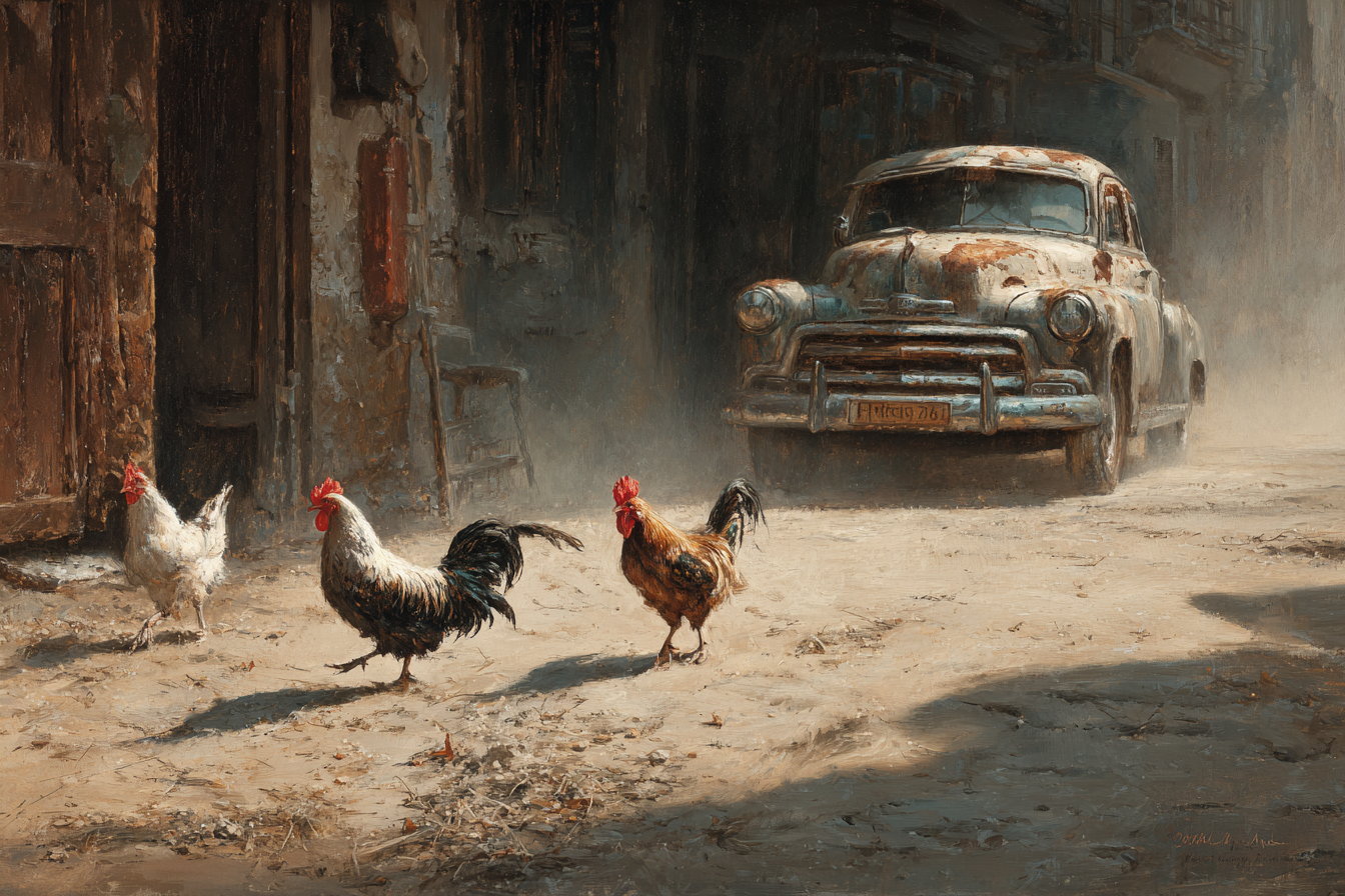 Rustikale Szene Drei Hühner Strasse Vintage Auto Und Alte Gebäude | Bauernhoefe und Waldtiere | Tiere