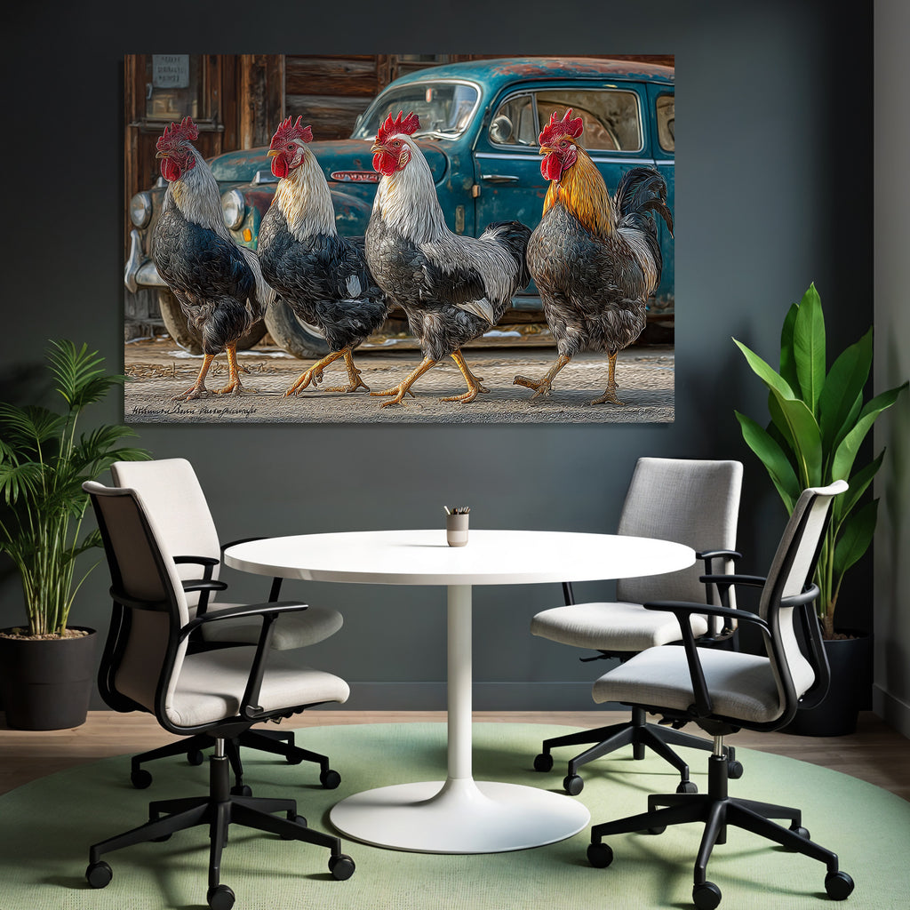 Vier Hähne Mit Vintage Auto Kunst Bei Digital Effekten