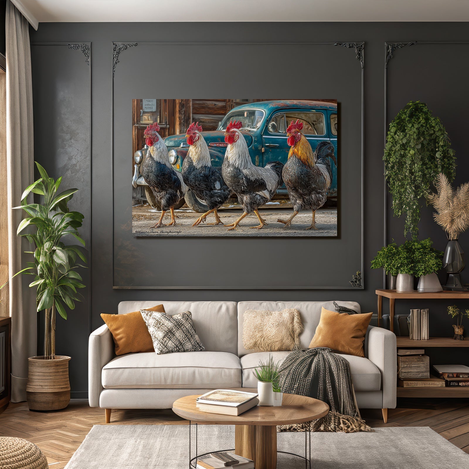 Vier Hähne Mit Vintage Auto Kunst Bei Digital Effekten