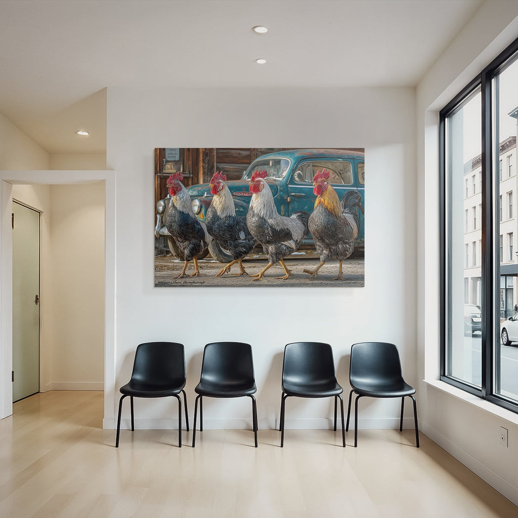 Vier Hähne Mit Vintage Auto Kunst Bei Digital Effekten