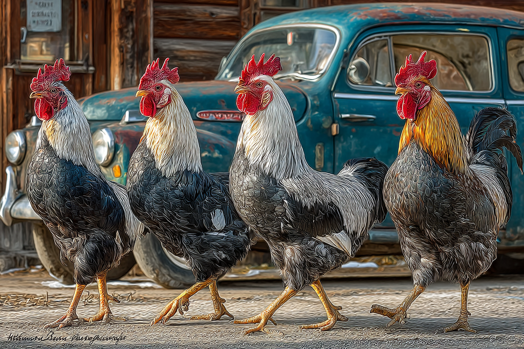 Vier Hähne Mit Vintage Auto Kunst Bei Digital Effekten | Bauernhoefe und Waldtiere | Tiere