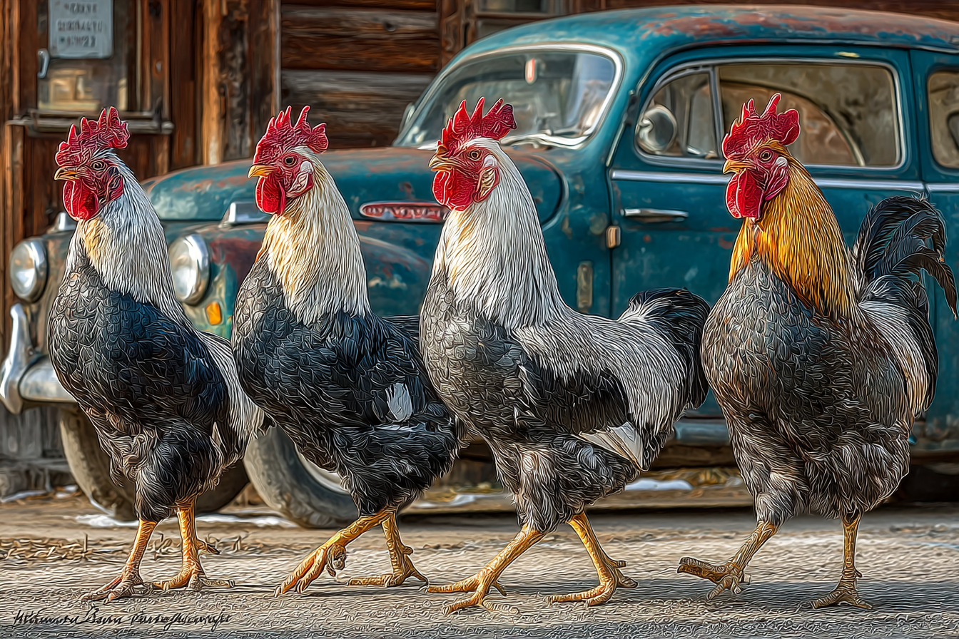 Vier Hähne Mit Vintage Auto Kunst Bei Digital Effekten | Bauernhoefe und Waldtiere | Tiere