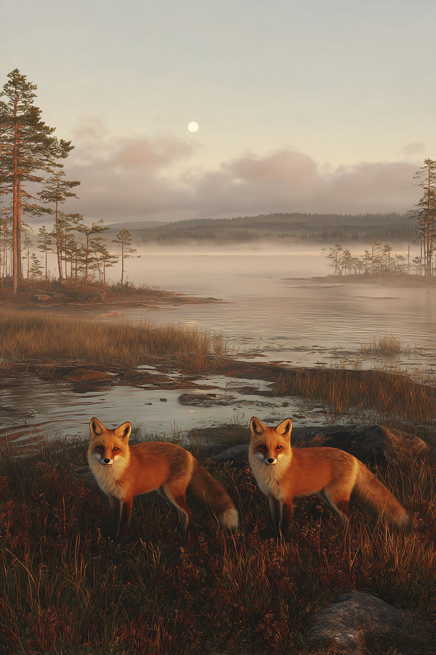 Friedliche Landschaft Mit Füchsen Und Wasser Im Hintergrund | Fuechse | Tiere