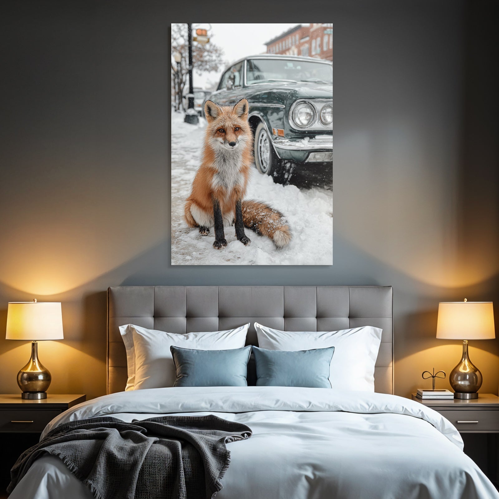 Fuchs Im Schnee Near Vintage Auto Stadt Hintergrund