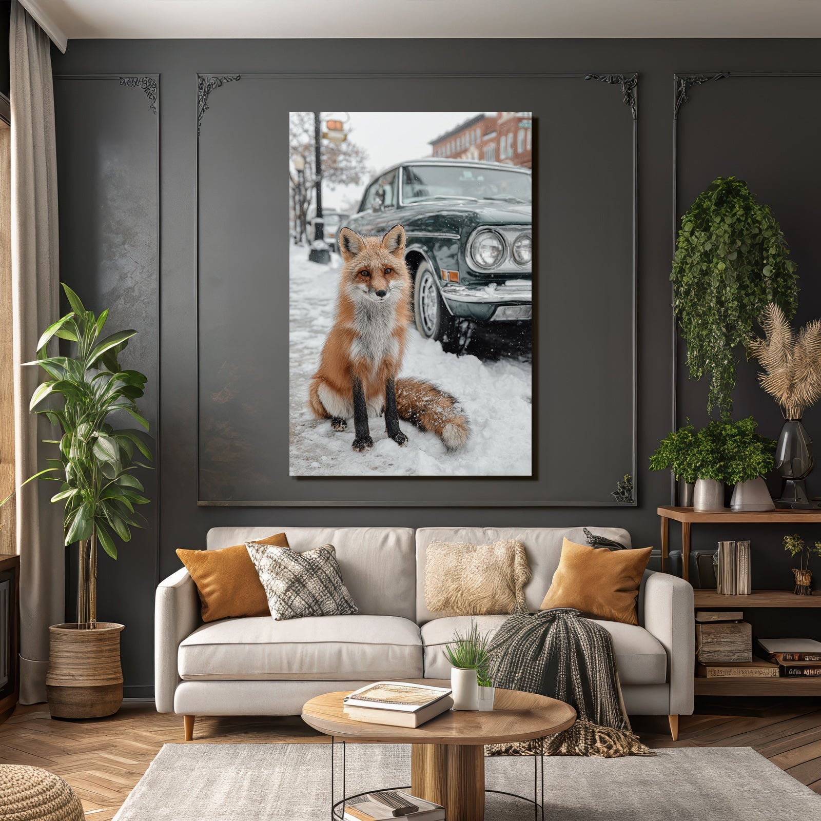 Fuchs Im Schnee Near Vintage Auto Stadt Hintergrund