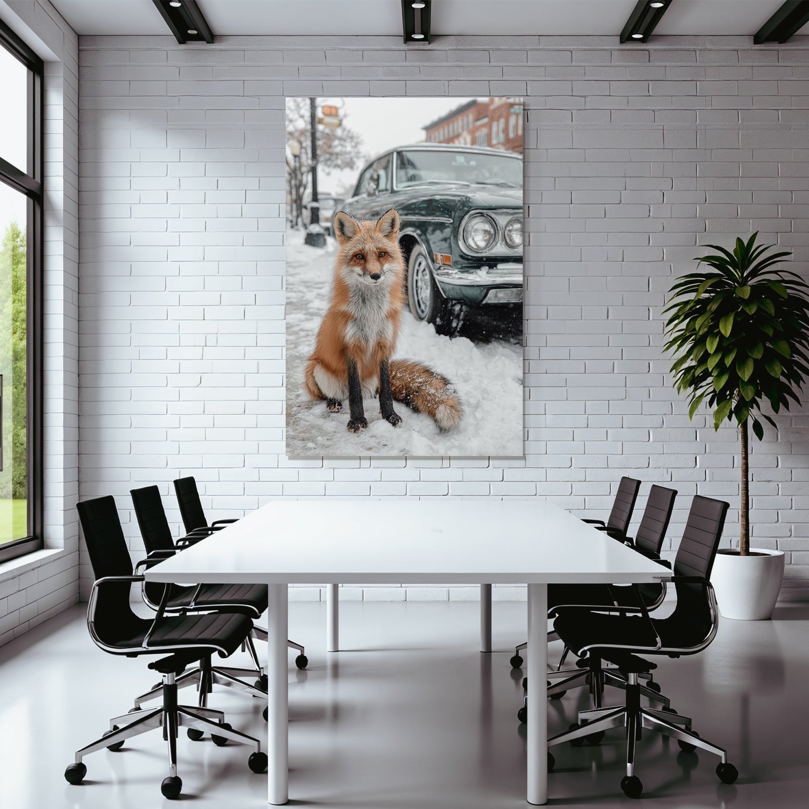 Fuchs Im Schnee Near Vintage Auto Stadt Hintergrund