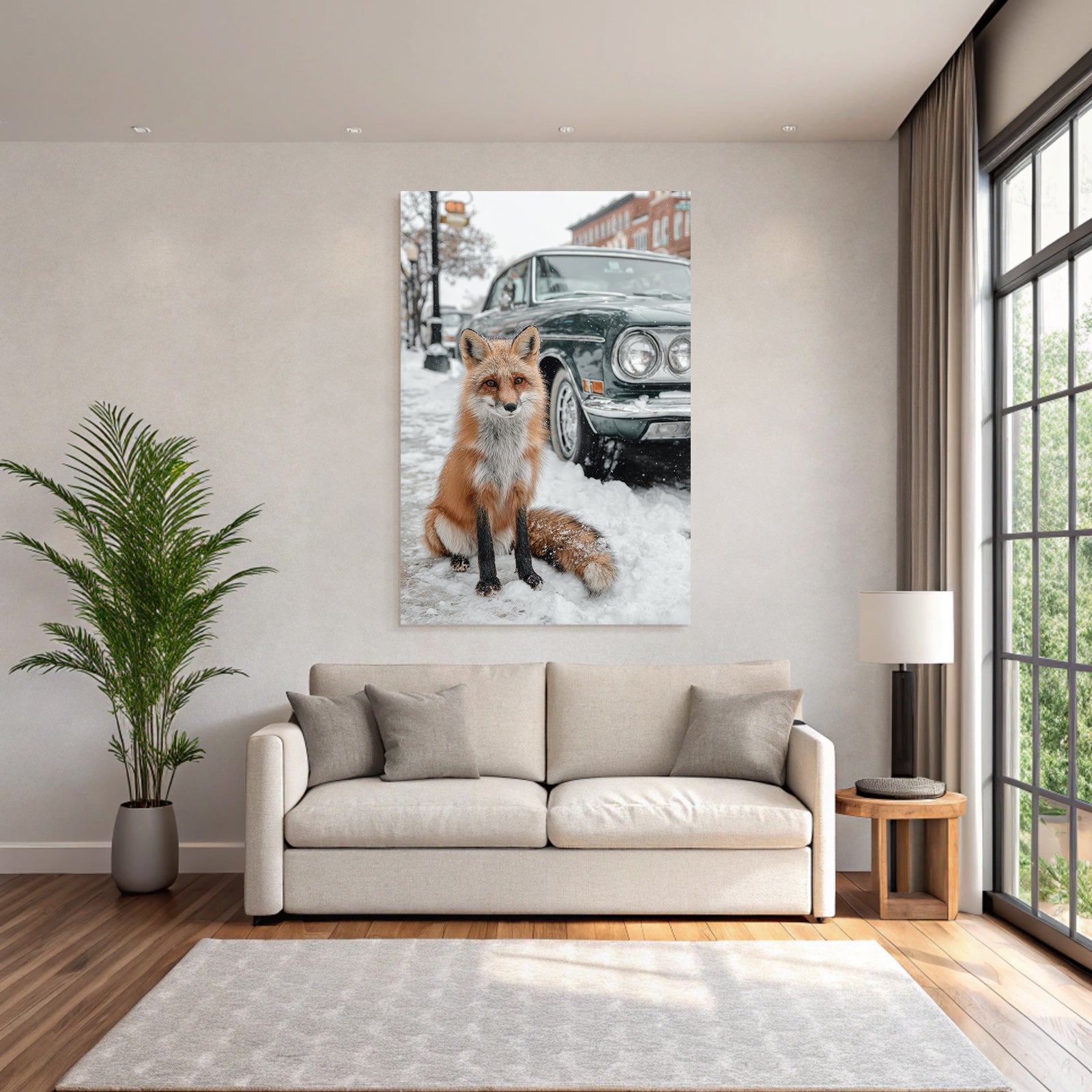 Fuchs Im Schnee Near Vintage Auto Stadt Hintergrund