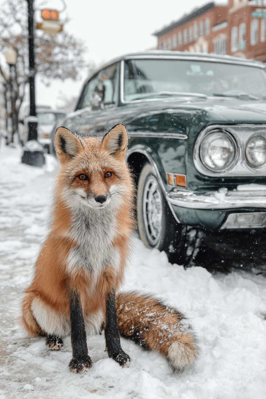 Fuchs Im Schnee Near Vintage Auto Stadt Hintergrund | Fuechse | Tiere