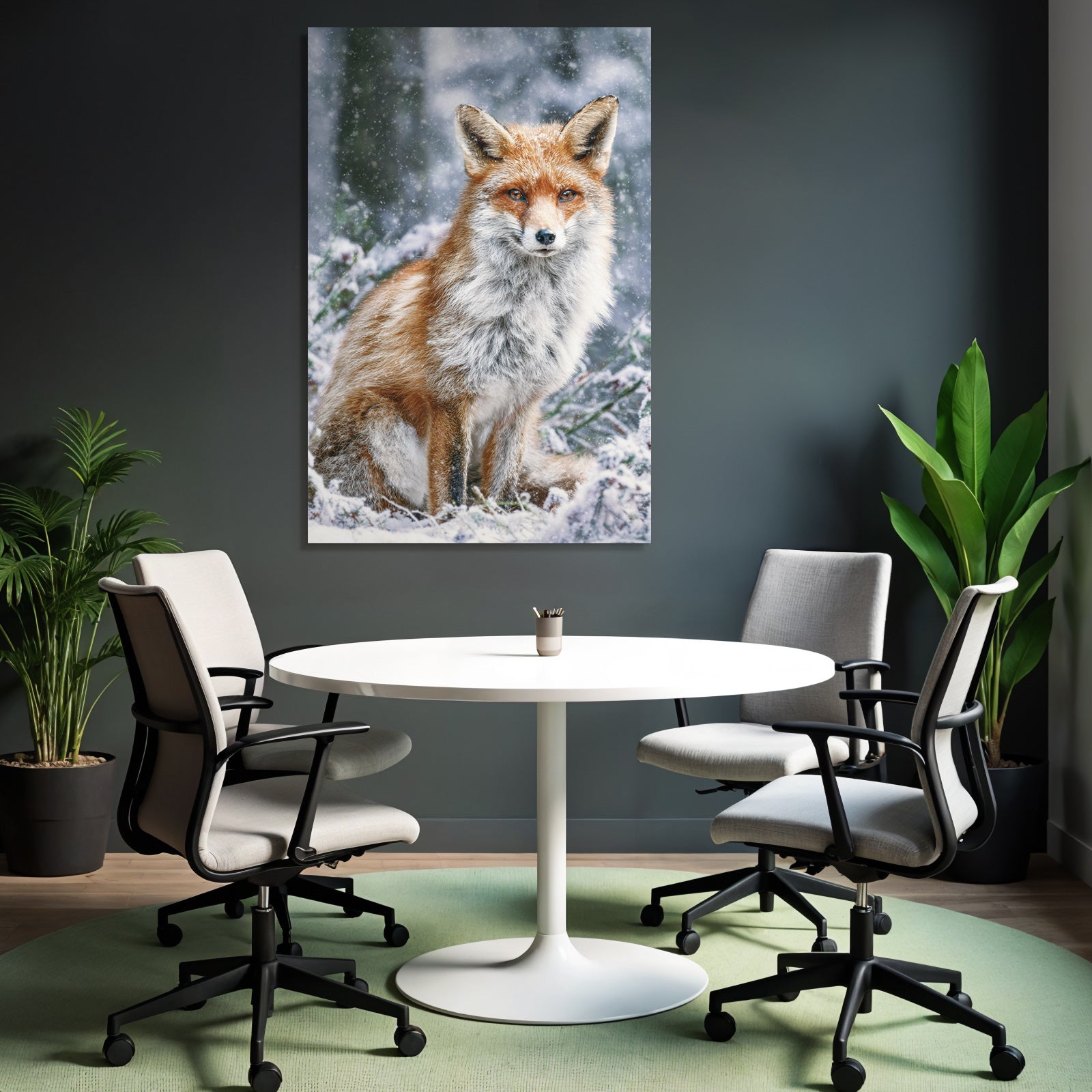 Fuchs Im Schneebedeckten Umfeld Mit Unscharfen Bäumen Und Schneefällen