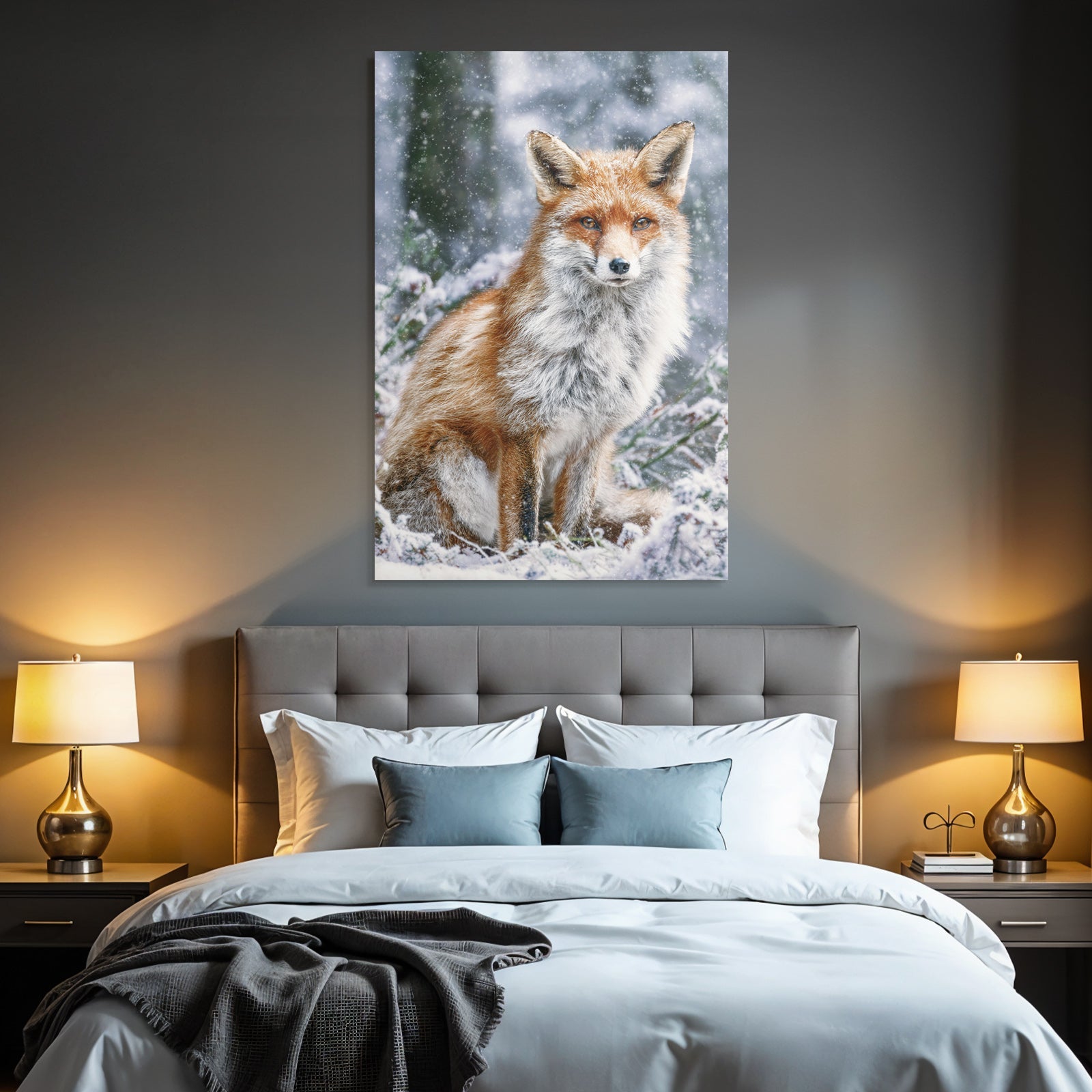 Fuchs Im Schneebedeckten Umfeld Mit Unscharfen Bäumen Und Schneefällen