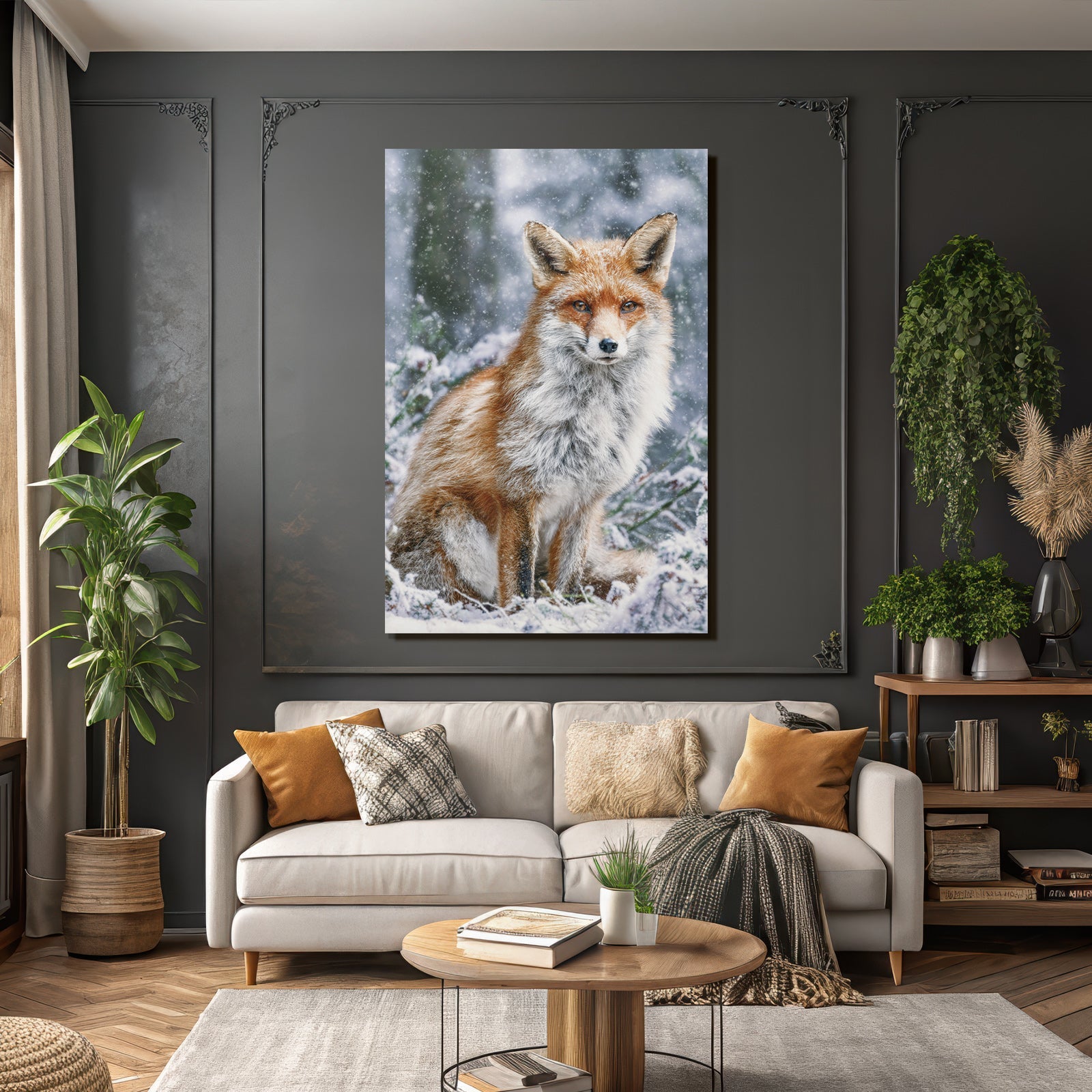 Fuchs Im Schneebedeckten Umfeld Mit Unscharfen Bäumen Und Schneefällen