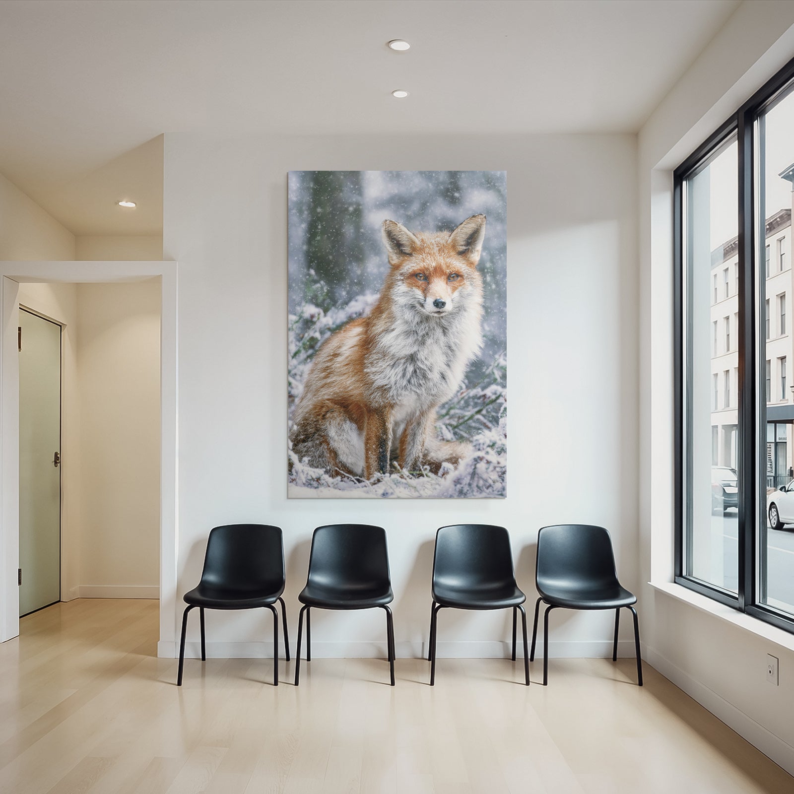 Fuchs Im Schneebedeckten Umfeld Mit Unscharfen Bäumen Und Schneefällen