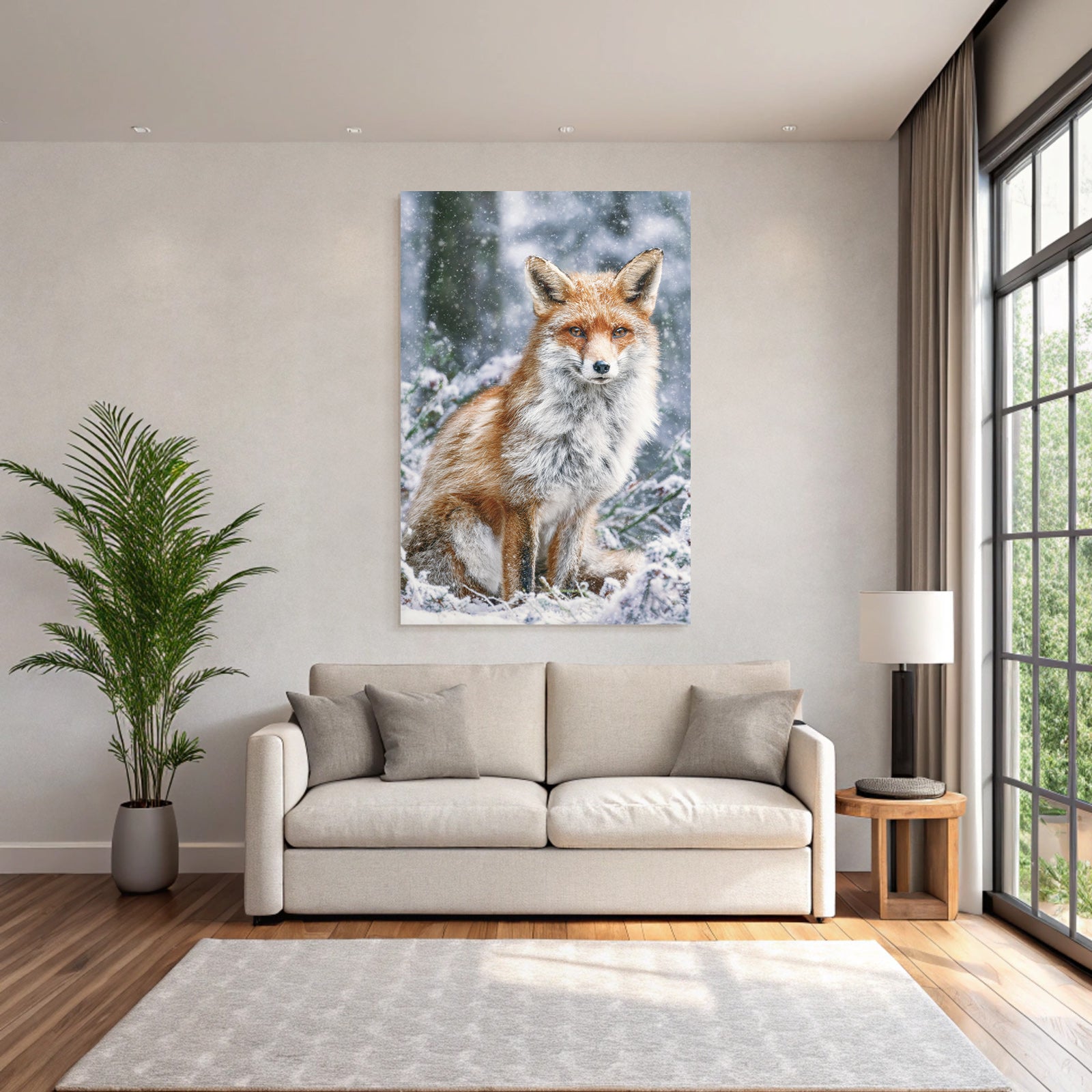 Fuchs Im Schneebedeckten Umfeld Mit Unscharfen Bäumen Und Schneefällen