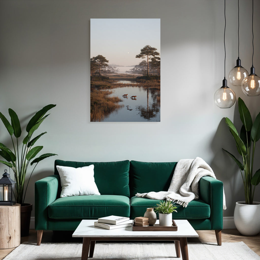 Ruhige Naturlandschaft Mit Füchsen Im Wasser Morgens Mit Monddämmerung