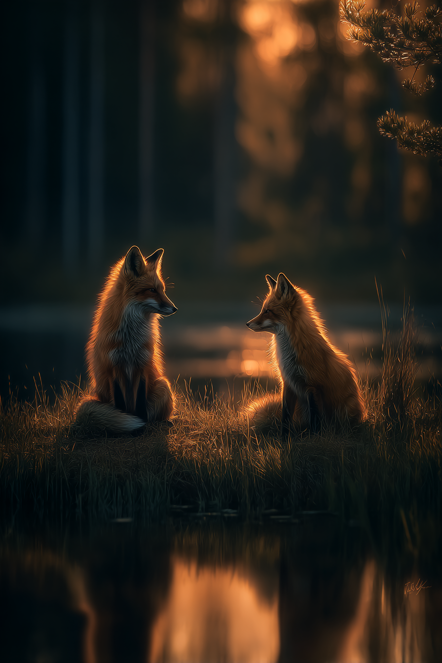 Zwei Am Wasser Beim Sonnenuntergang | Fuechse | Tiere