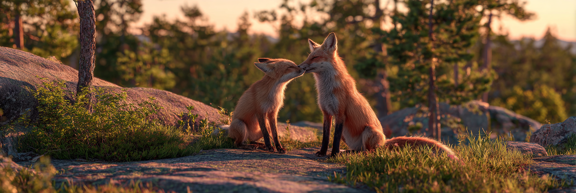 Zwei In Natürlicher Umgebung Interagierend Während Golden Hour | Fuechse | Tiere