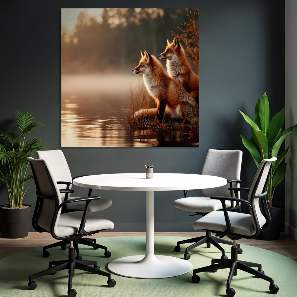 Fuchs Am Wasser Im Morgengraün Oder Abendrot Mit Nebel Und Natur Landschaft