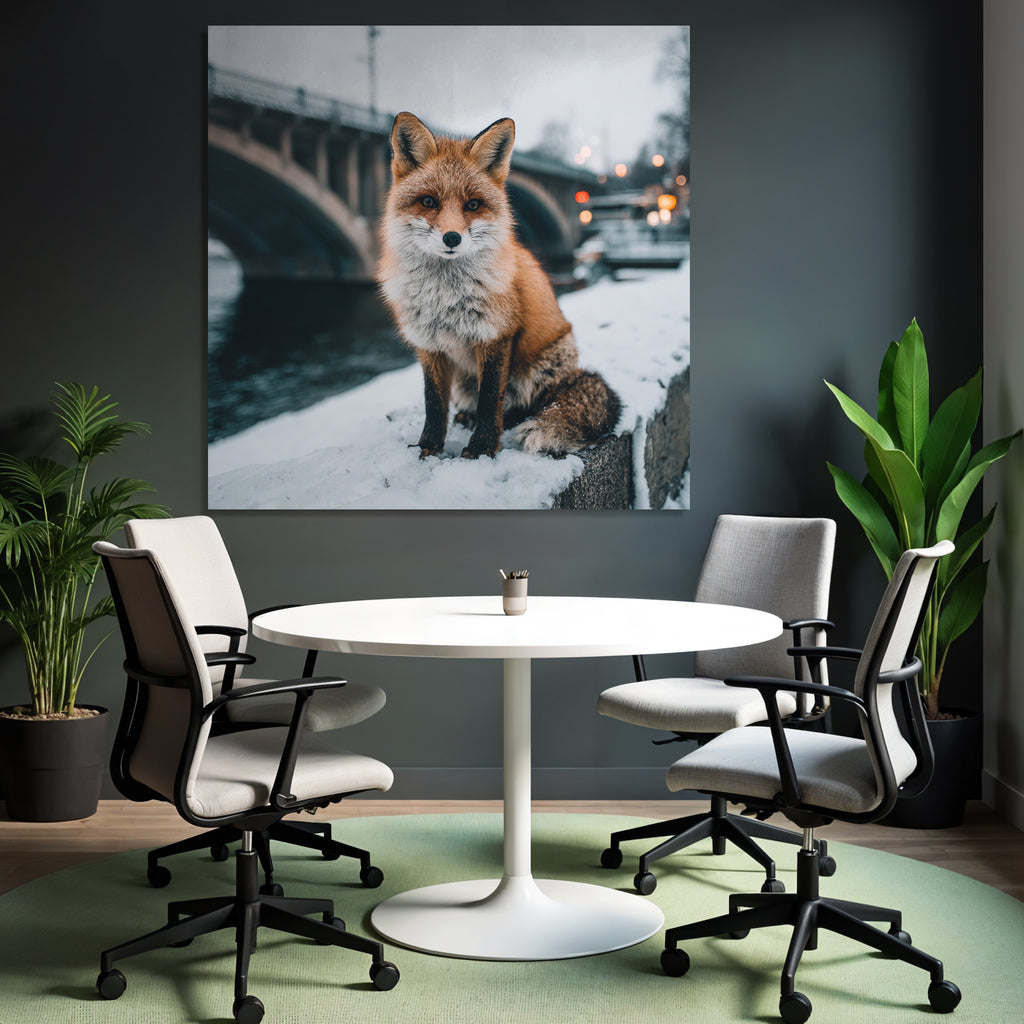 Rotbrauner Fuchs Im Schnee Mit Brücke Winterlandschaft