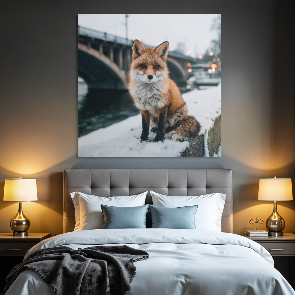 Rotbrauner Fuchs Im Schnee Mit Brücke Winterlandschaft