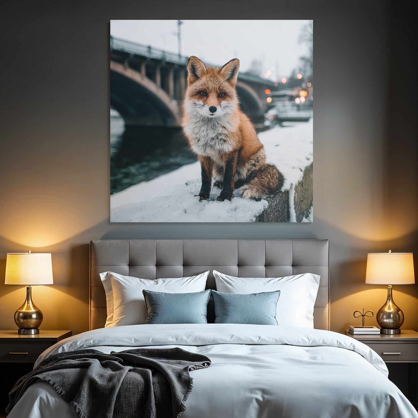 Rotbrauner Fuchs Im Schnee Mit Brücke Winterlandschaft