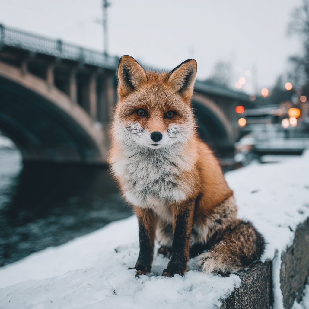 Rotbrauner Fuchs Im Schnee Mit Brücke Winterlandschaft | Fuechse | Tiere