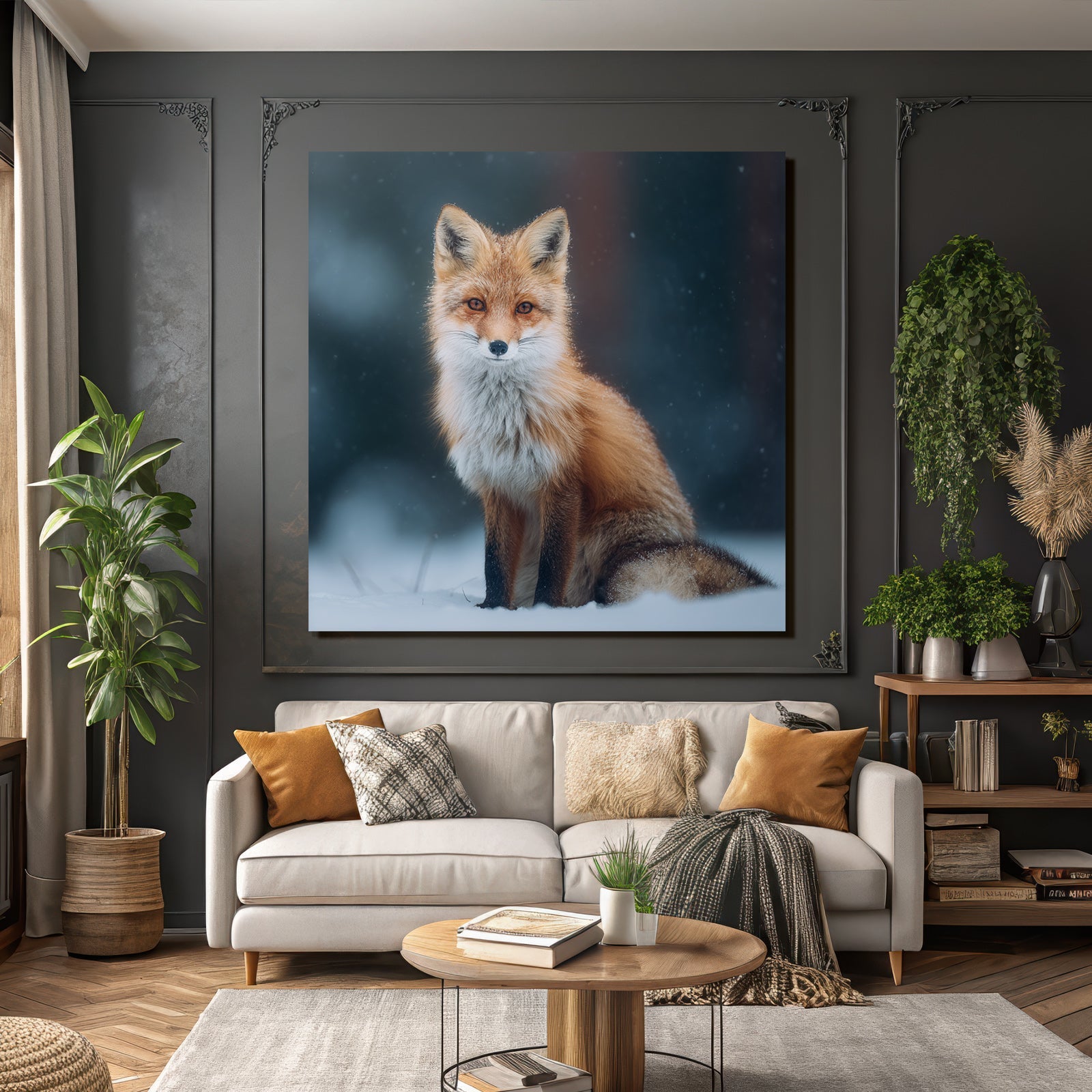 Roter Fuchs Im Schneelandschaft Mit Schneeflocken