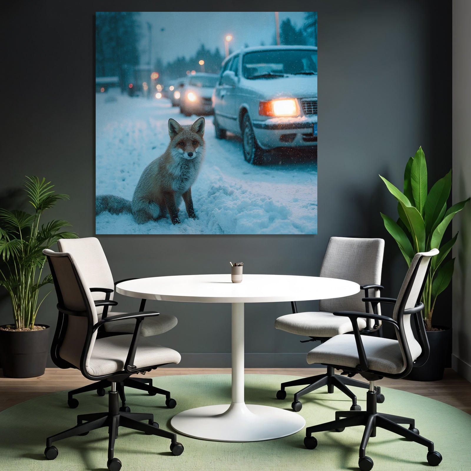 Rotfuchs Im Schnee Mit Autos Im Hintergrund