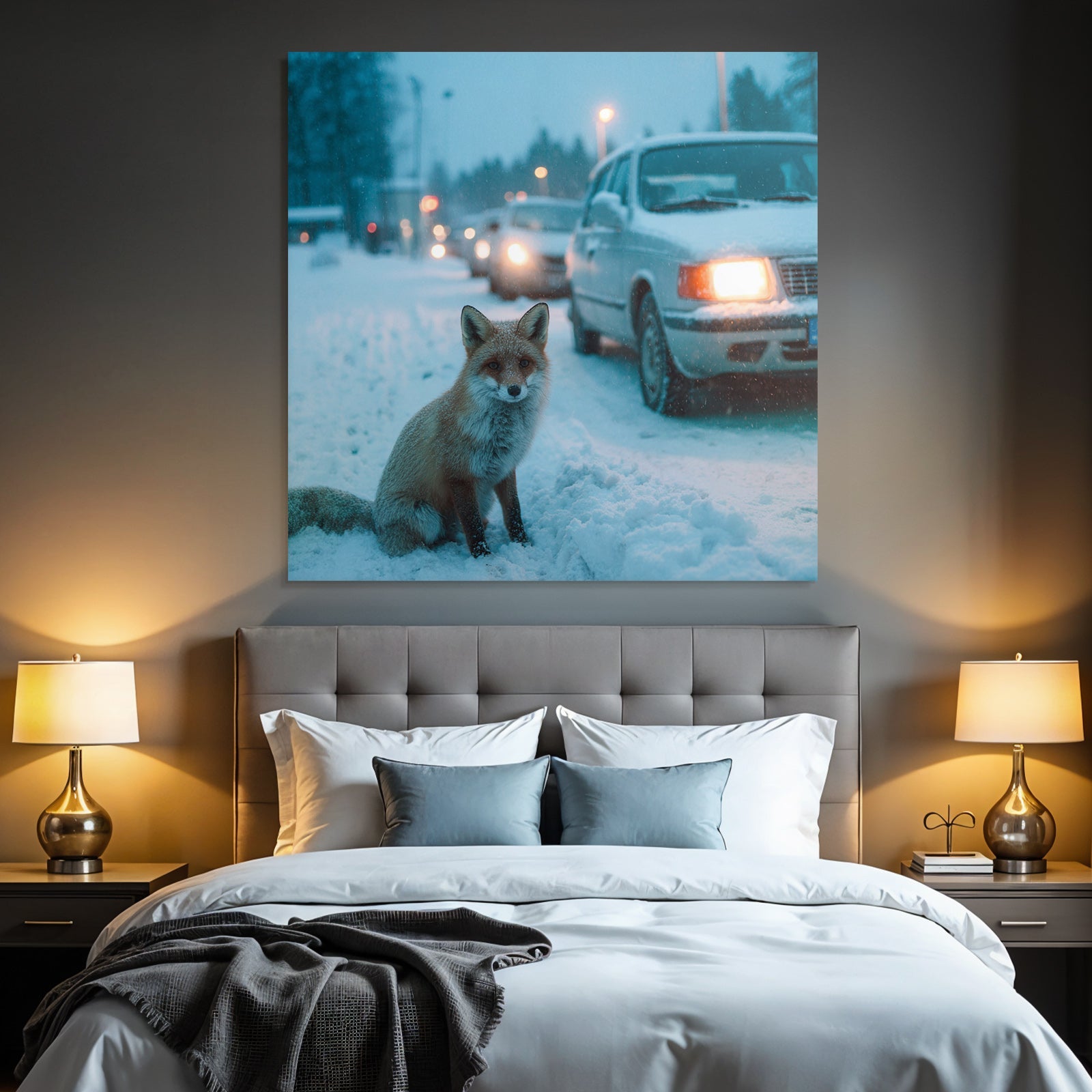 Rotfuchs Im Schnee Mit Autos Im Hintergrund