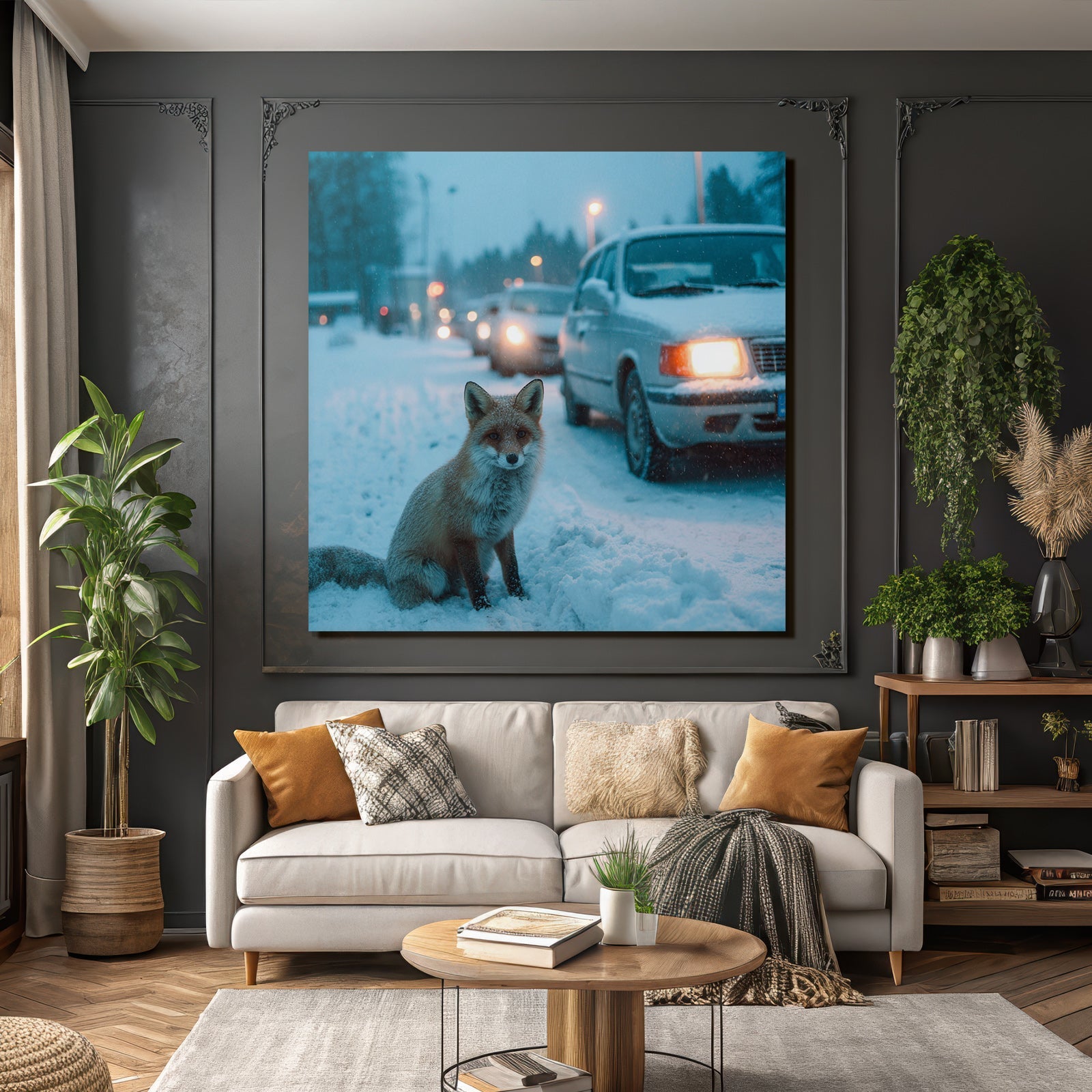 Rotfuchs Im Schnee Mit Autos Im Hintergrund