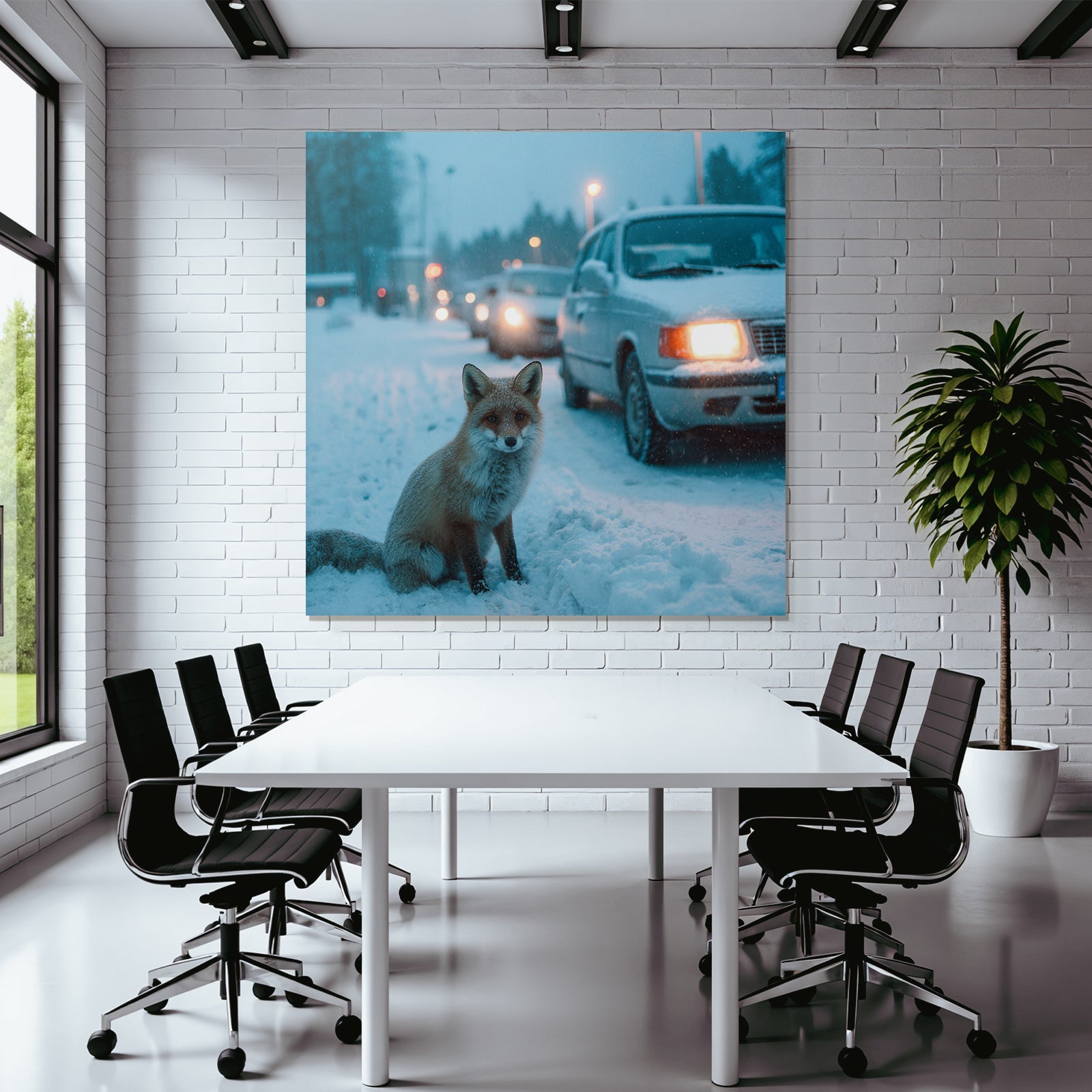 Rotfuchs Im Schnee Mit Autos Im Hintergrund
