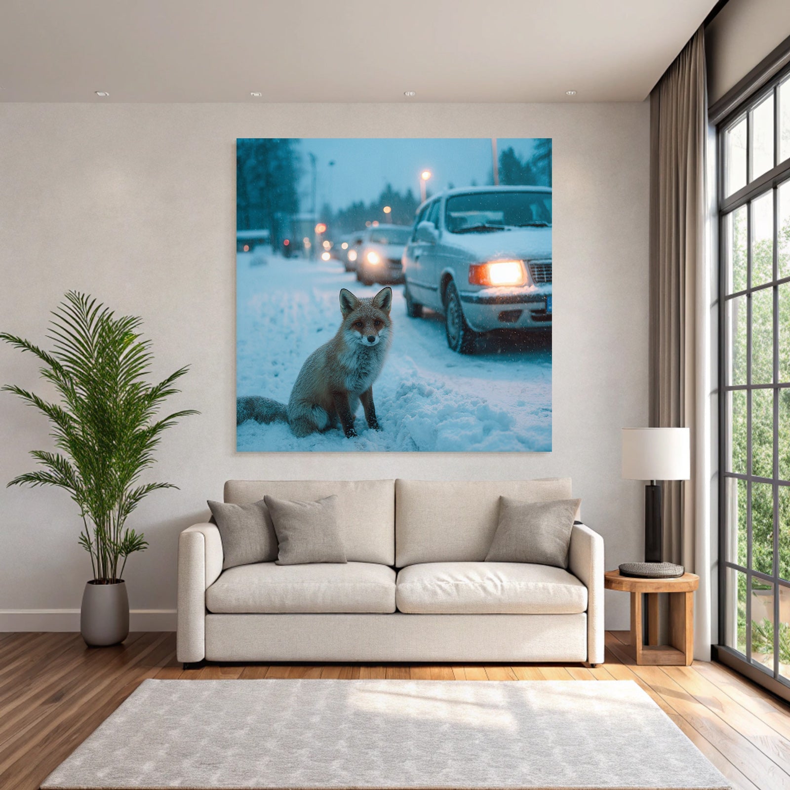 Rotfuchs Im Schnee Mit Autos Im Hintergrund