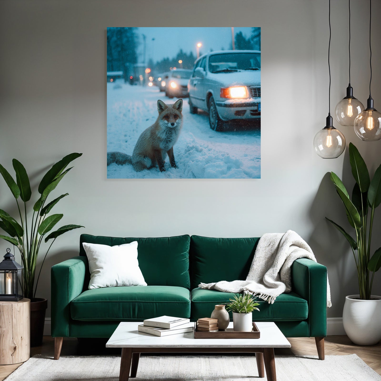 Rotfuchs Im Schnee Mit Autos Im Hintergrund