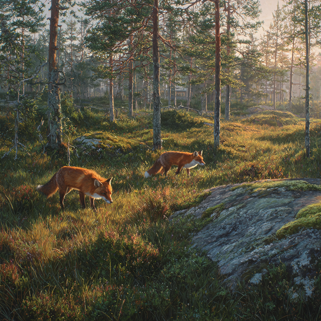 Ruhiger Wald Landschaft Mit Zwei Füchsen Im Grünen Wiesen | Fuechse | Tiere