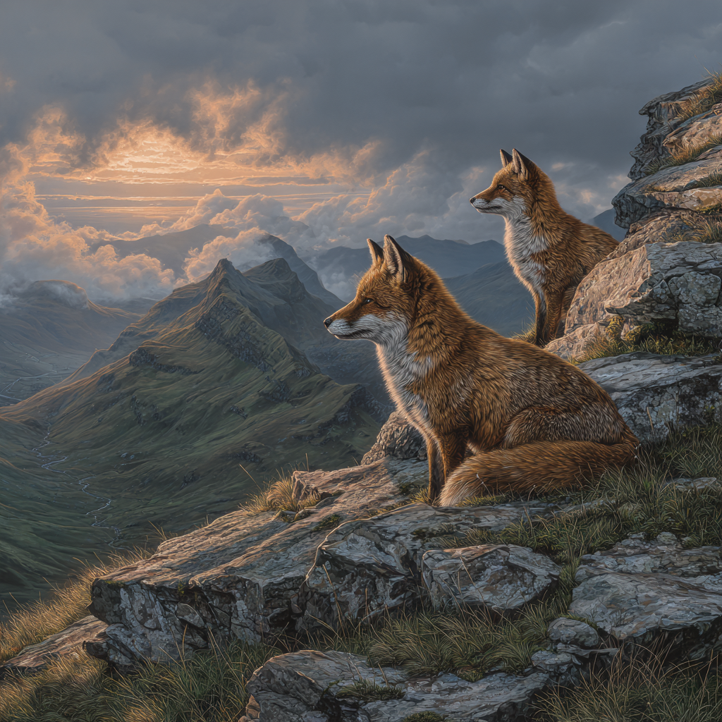 Zwei Aussicht Auf Bergen Im Sonnenuntergang | Fuechse | Tiere