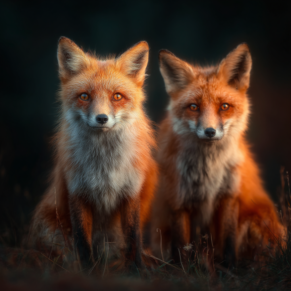 Zwei Sitzen Neben Einander Im Twilight Mit Von Sich Erregendem Blick | Fuechse | Tiere