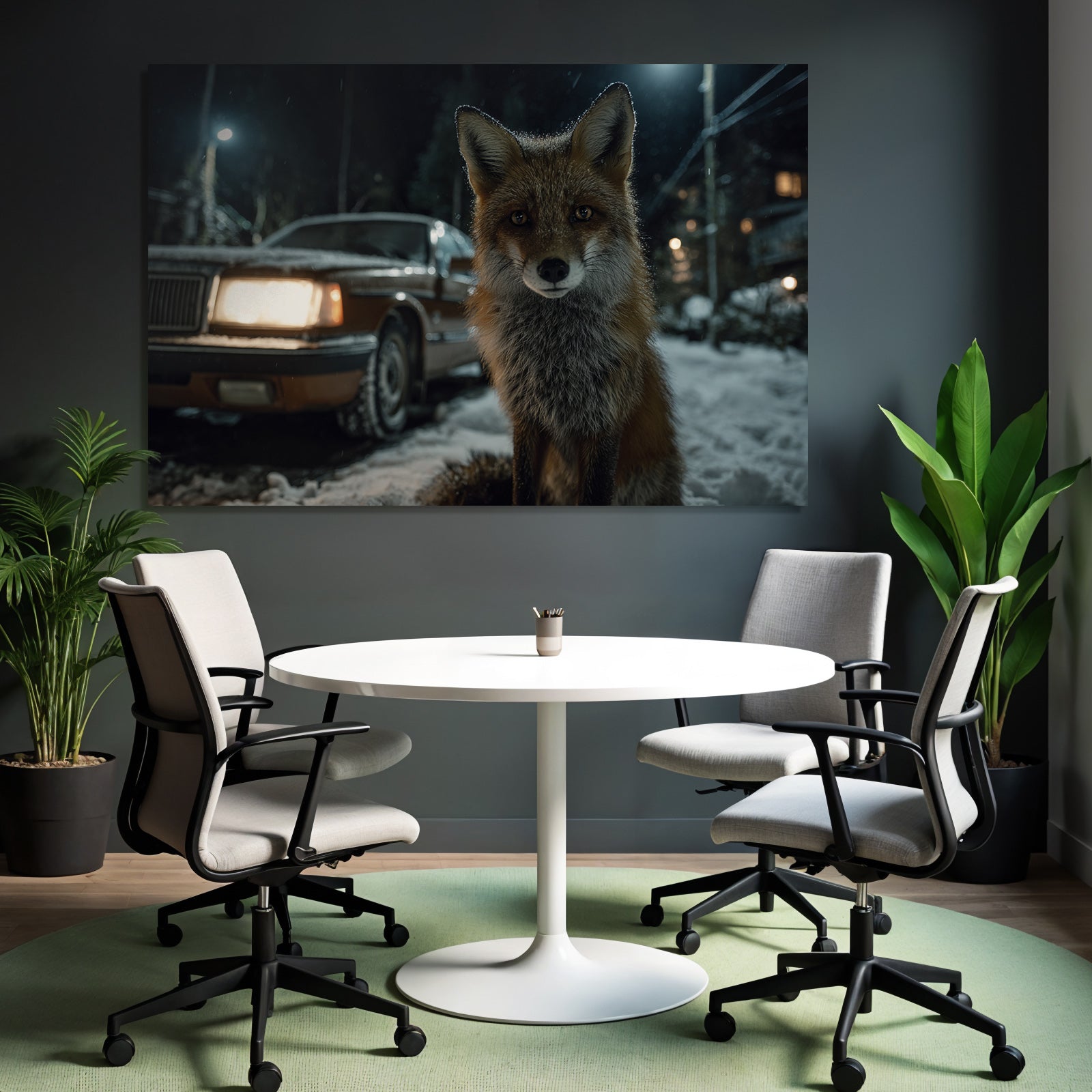 Fuchs Im Schneereich Nacht Mit Auto Im Hintergrund