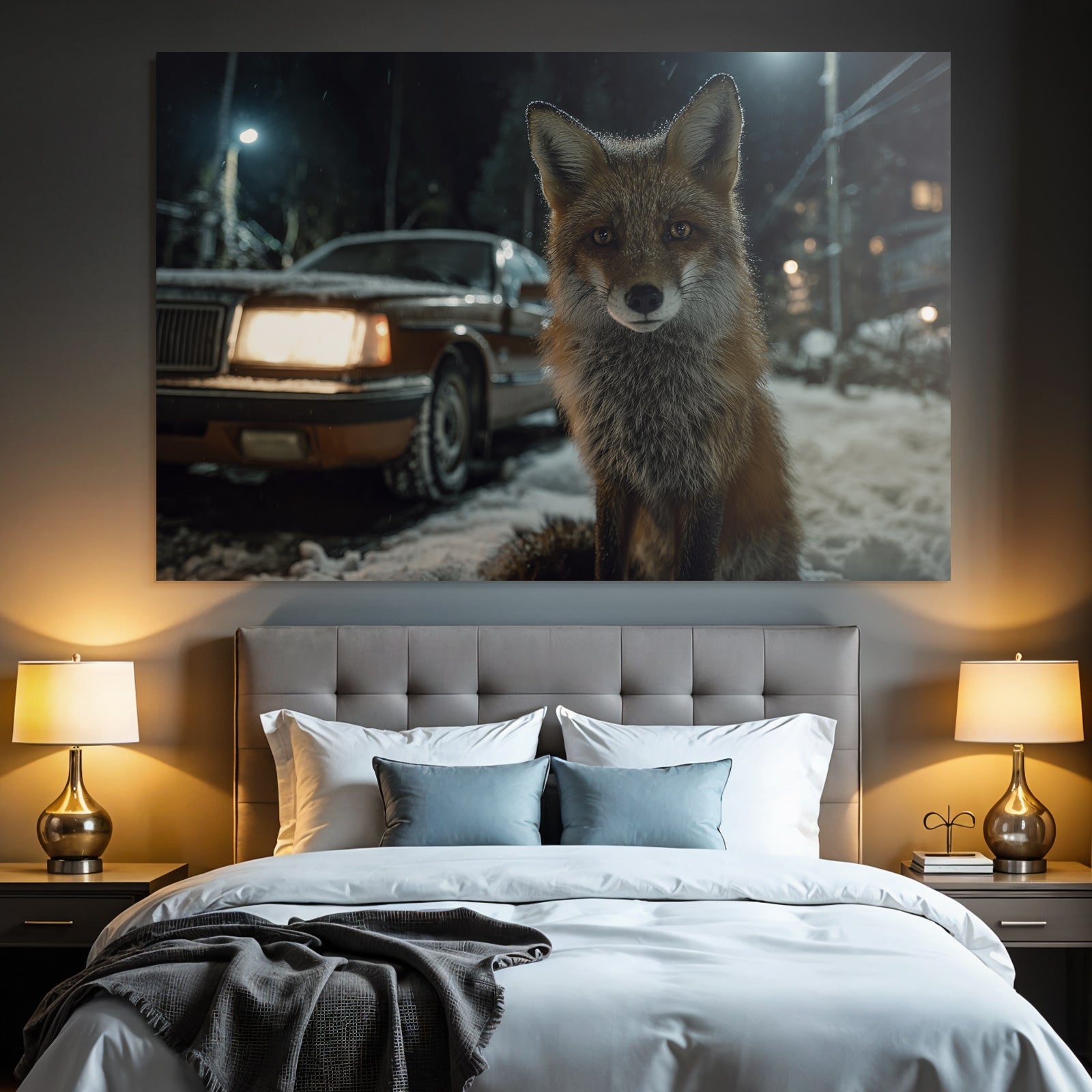 Fuchs Im Schneereich Nacht Mit Auto Im Hintergrund