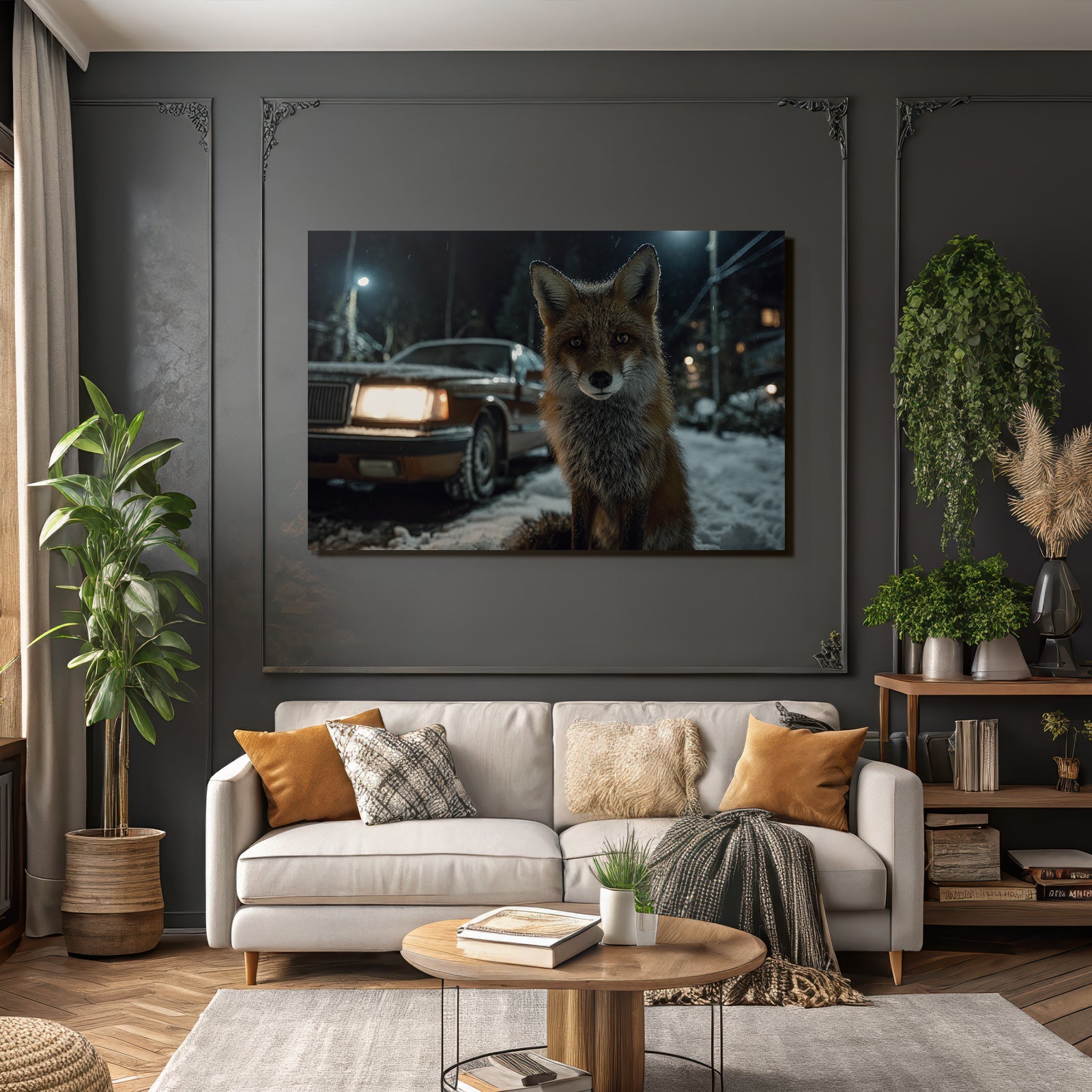 Fuchs Im Schneereich Nacht Mit Auto Im Hintergrund