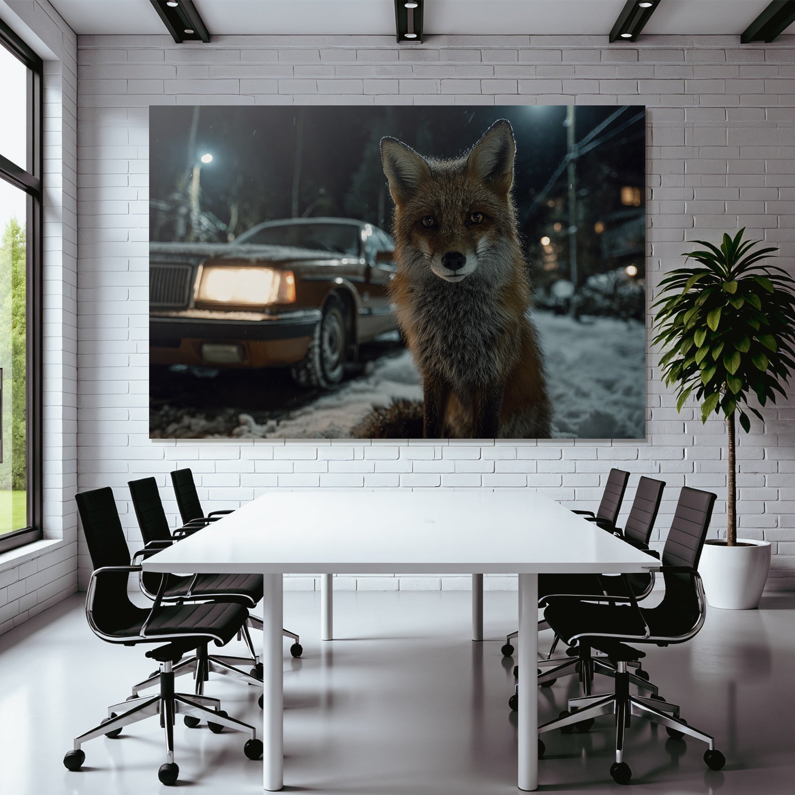 Fuchs Im Schneereich Nacht Mit Auto Im Hintergrund
