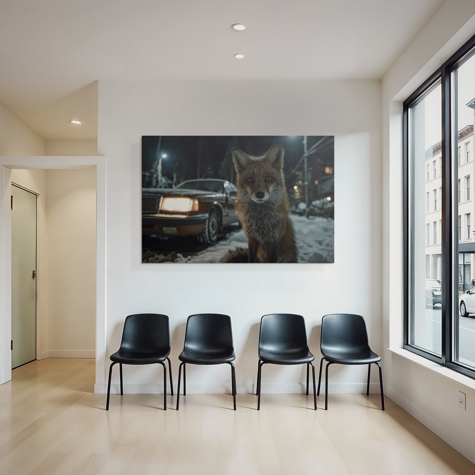 Fuchs Im Schneereich Nacht Mit Auto Im Hintergrund