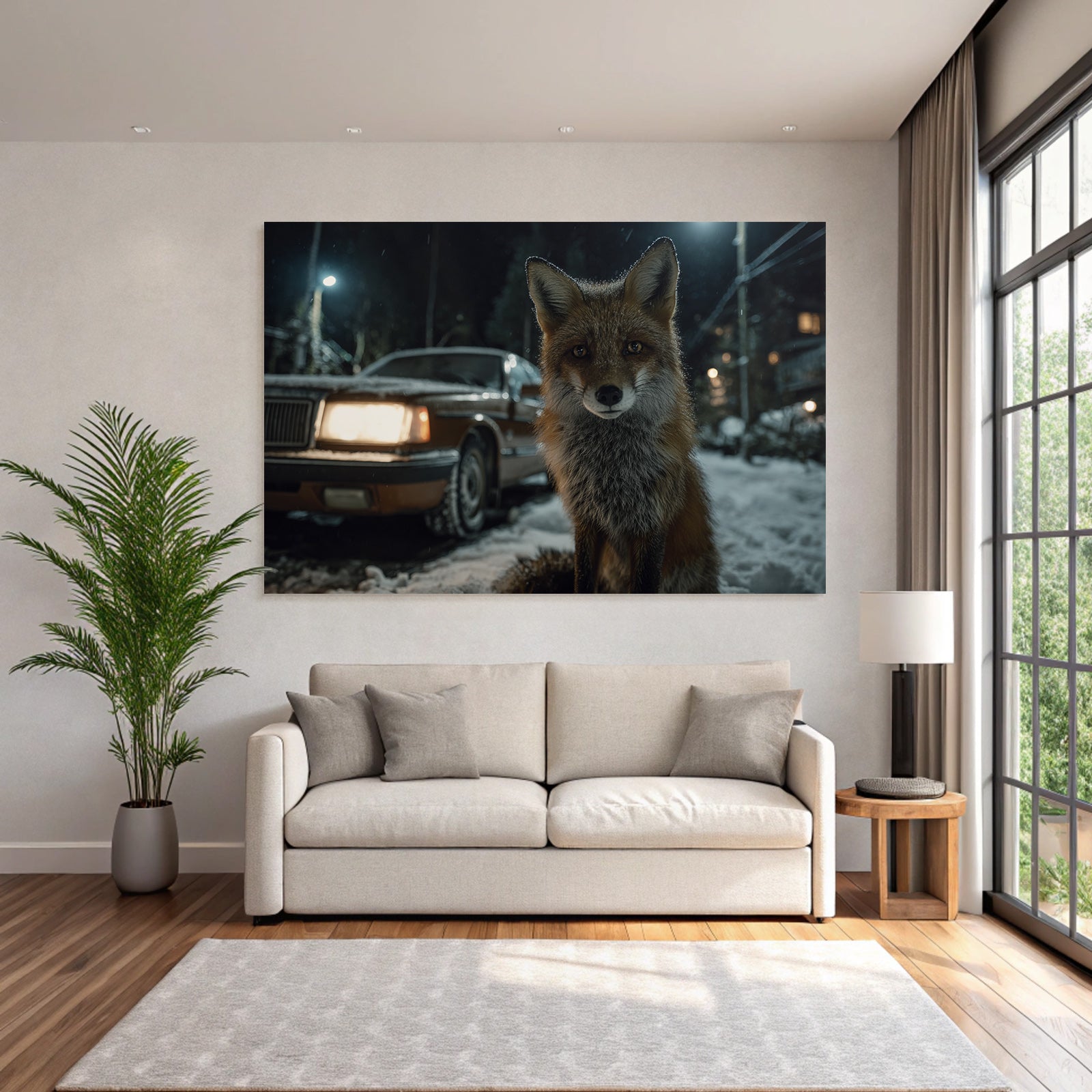 Fuchs Im Schneereich Nacht Mit Auto Im Hintergrund