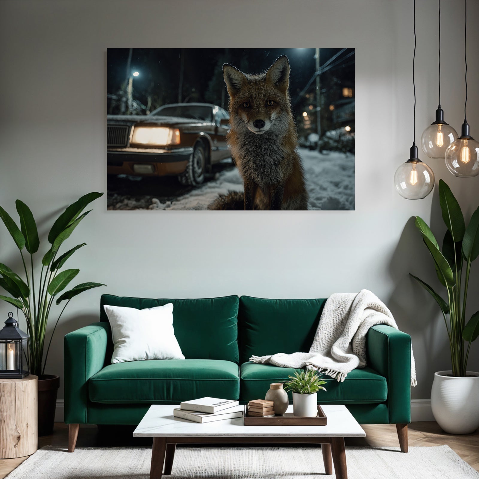 Fuchs Im Schneereich Nacht Mit Auto Im Hintergrund