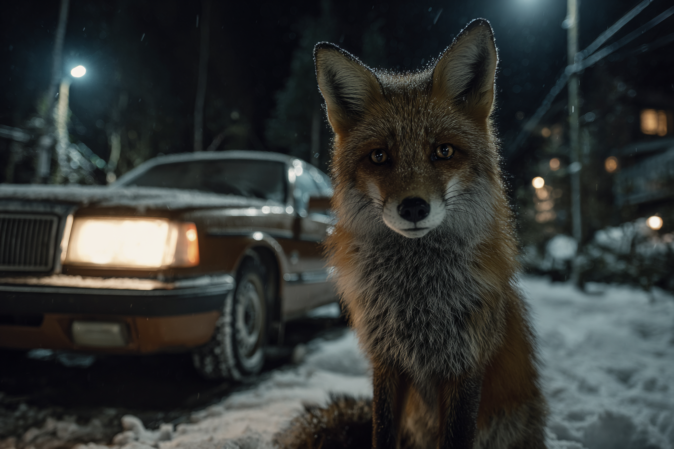 Fuchs Im Schneereich Nacht Mit Auto Im Hintergrund | Fuechse | Tiere