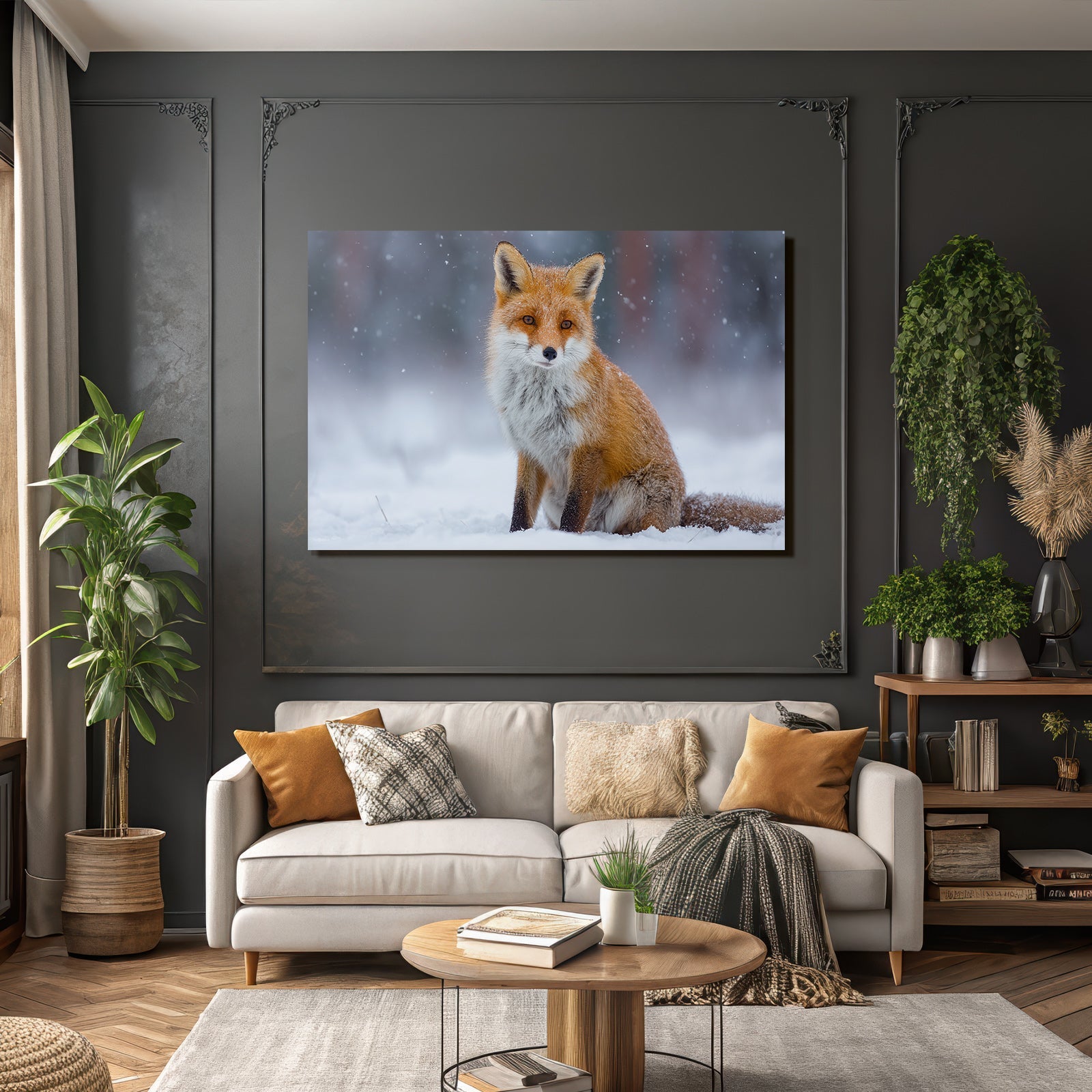 Rotfuchs Im Schnee Schneeflocken Fallend
