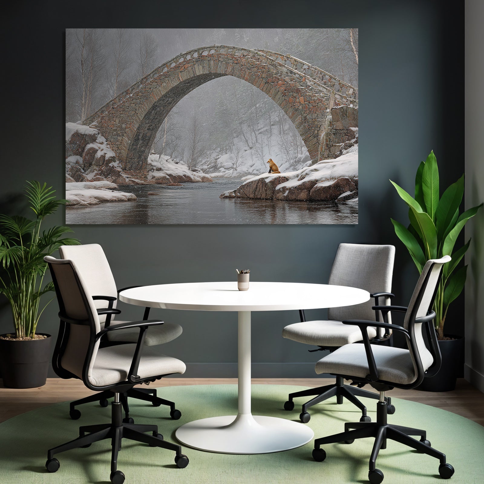 Schneebedeckte Landschaft Steinbrücke Fuchs Im Vordergrund