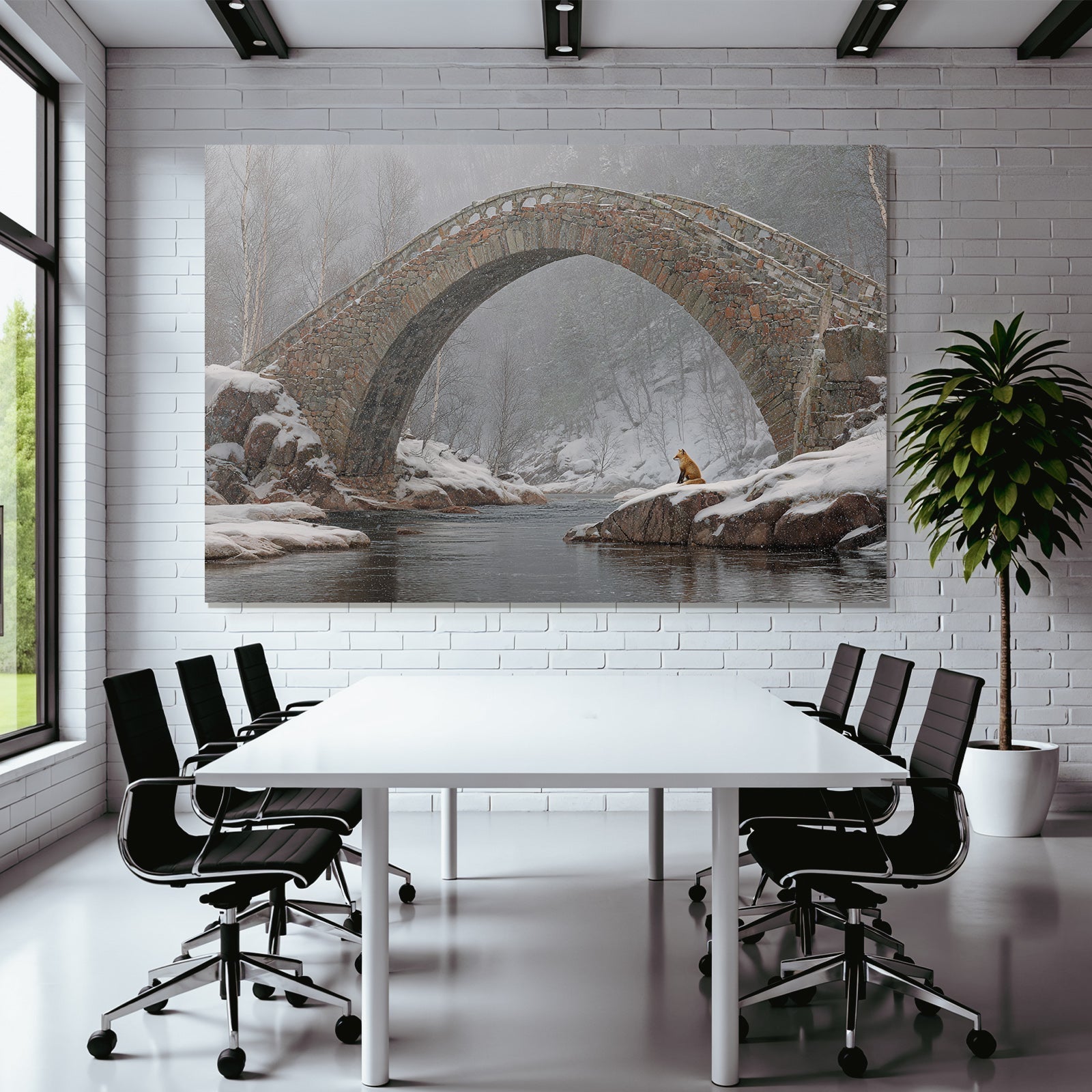Schneebedeckte Landschaft Steinbrücke Fuchs Im Vordergrund