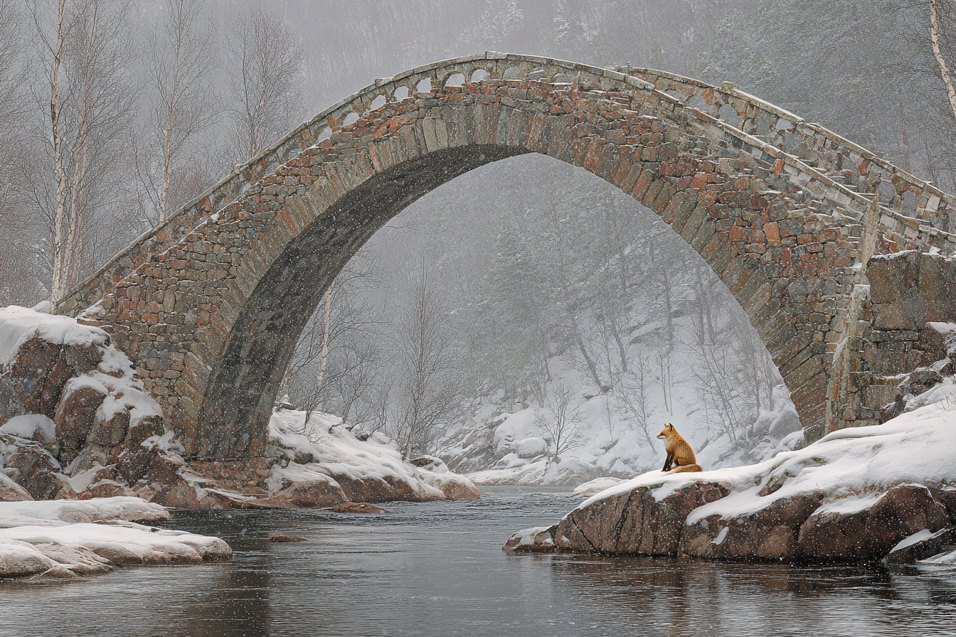 Schneebedeckte Landschaft Steinbrücke Fuchs Im Vordergrund | Fuechse | Tiere
