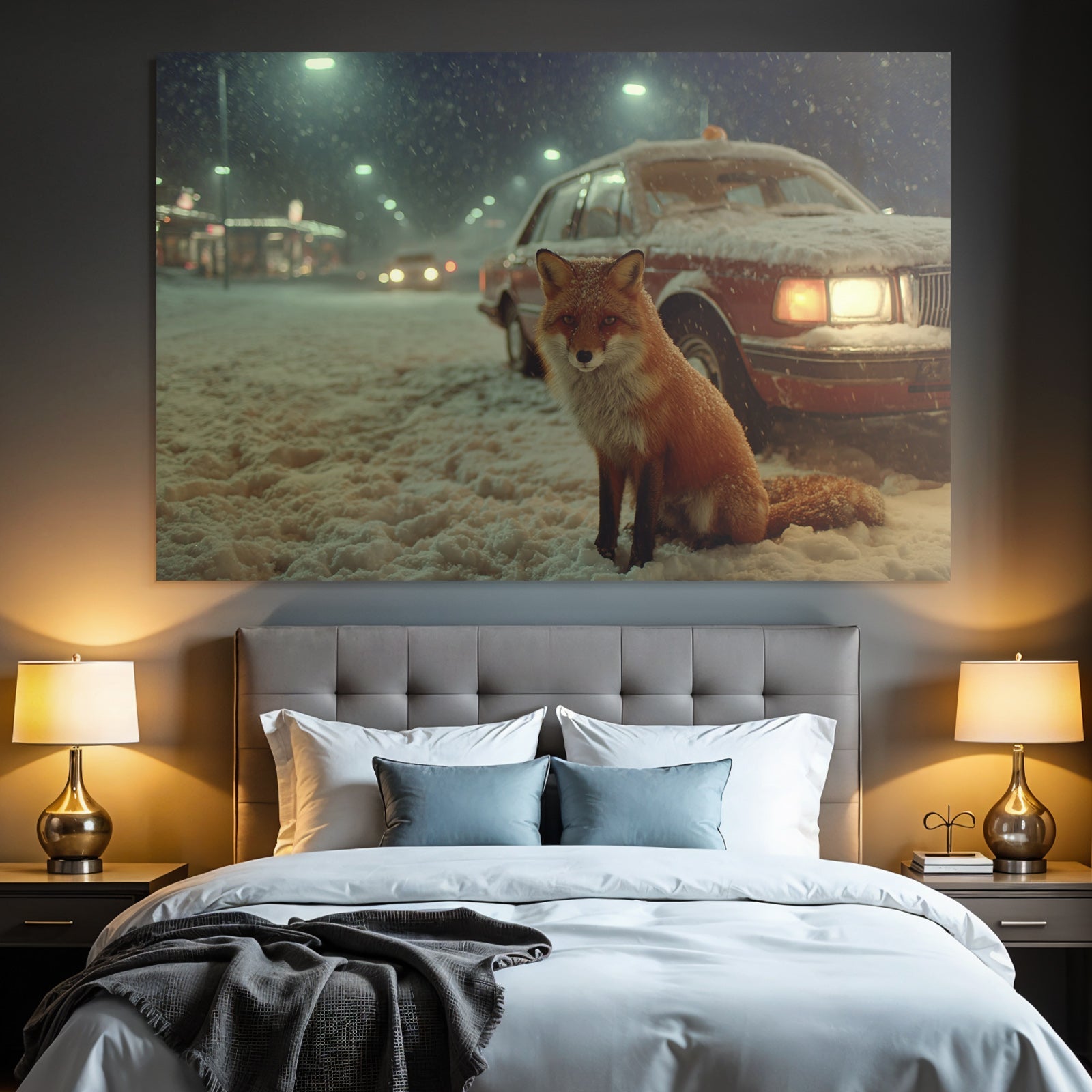 Schneelandschaft Nacht Fuchs Und Rotes Auto