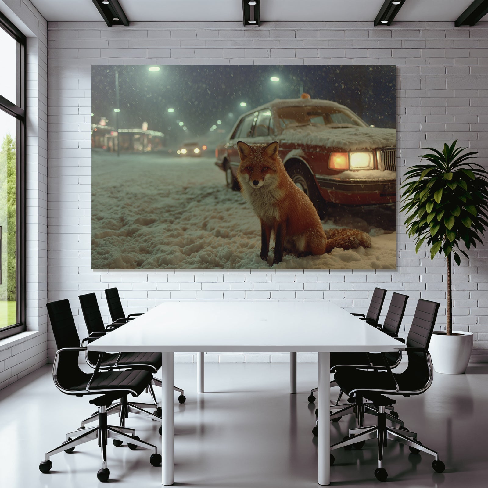 Schneelandschaft Nacht Fuchs Und Rotes Auto